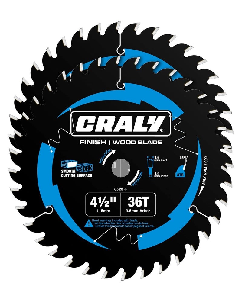 CRALY 4-1/2 Inch 36 Teeth Fine Finish Wood Cutting Circular Saw Blade, 3/8 Inch Arbor, Carbide Tipped, Thin Kerf, Black Ice™ Coating, for Plywood, MDF, OSB, Laminated, 2-Pack(C0436FF-2) - Image 1